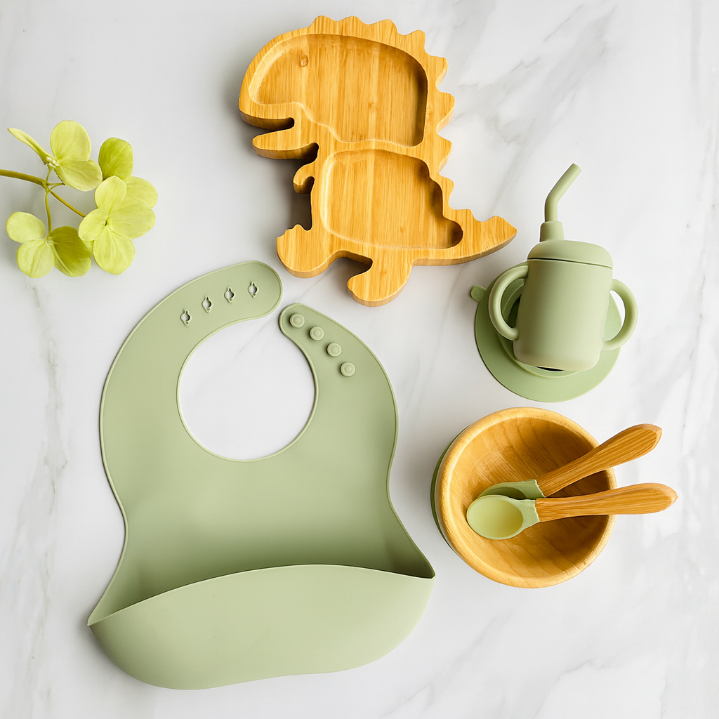 Set Completo: Plato, bowl, cubiertos, babero y vasito antiderrame o de bambú
