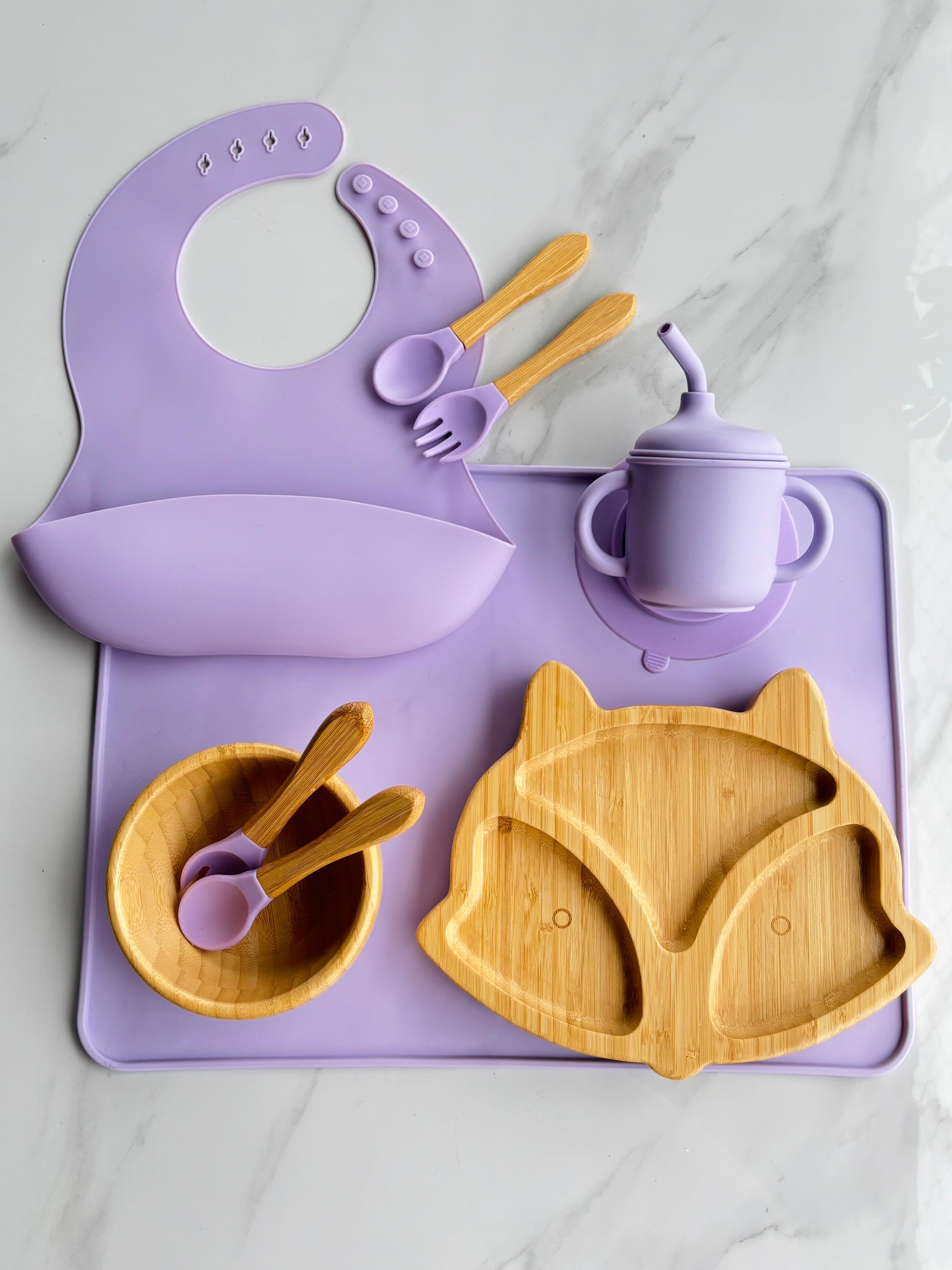 Set Premium: Plato, bowl, 2 sets de cubiertos, vasito antiderrame o de bambú, individual y babero